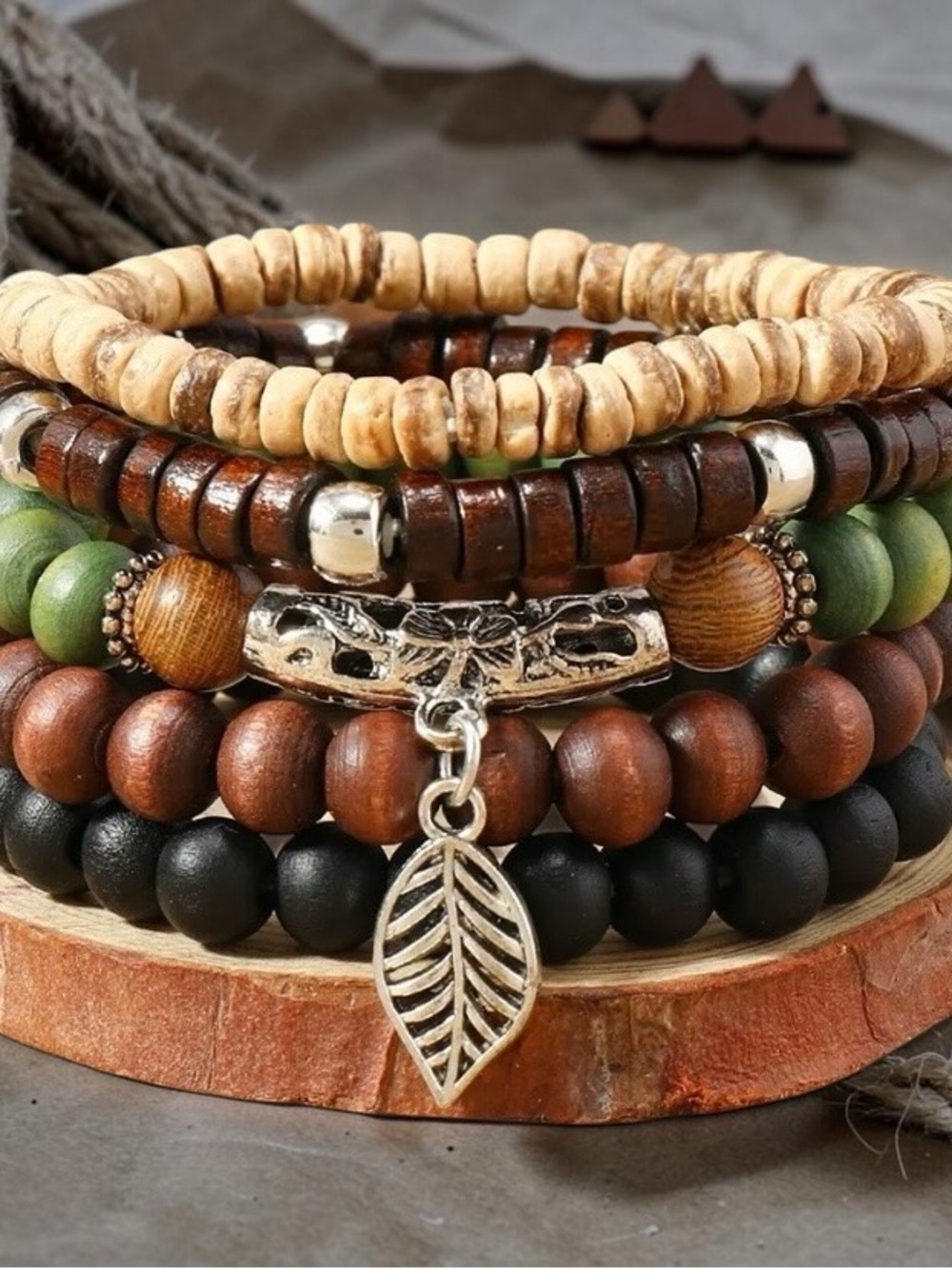 Boho Layered Women’s Bracelet Stack - Brown, Black & Green